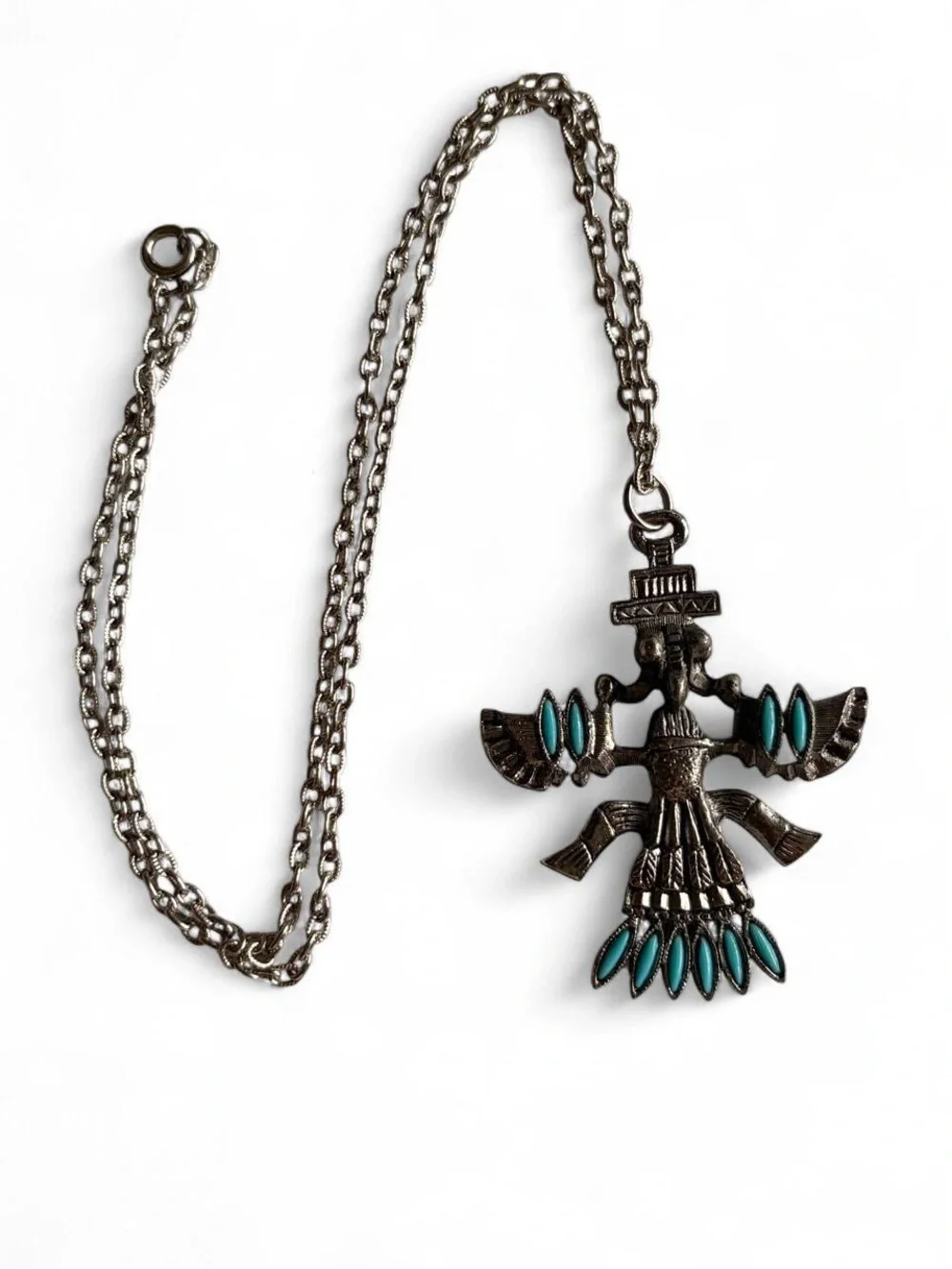Silver thunderbird kachina pendant & chain w faux turquoise inlays Southwestern